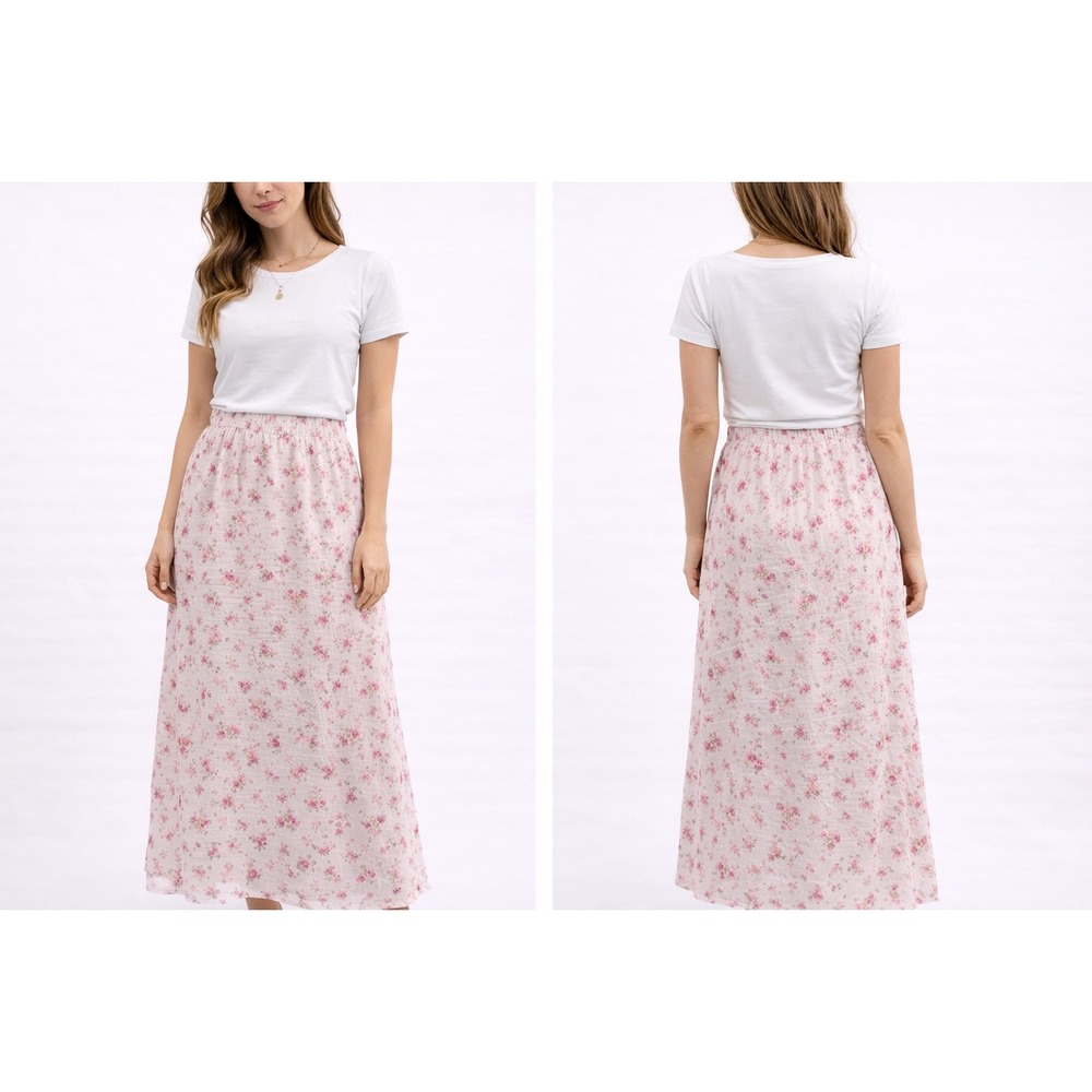 Floral Maxi Skirt Pink Rose Print Cotton Side Slit‎ Cottagecore Size S 5T02193